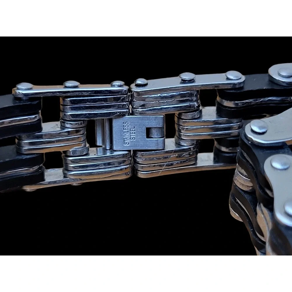 Men's Silver Stainless Steel Motorcycle Bike‎ Chain Link Bracelet Black Accents